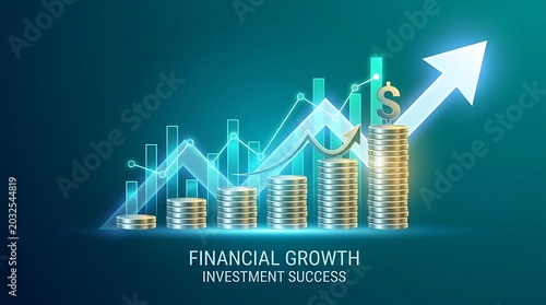 Financial growth and investment success concept with rising bar chart, glowing arrow and stacks of gold coins on a dark blue background