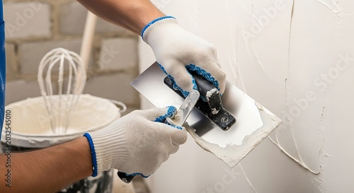 Professional plasterer applying putty to a wall with a trowel