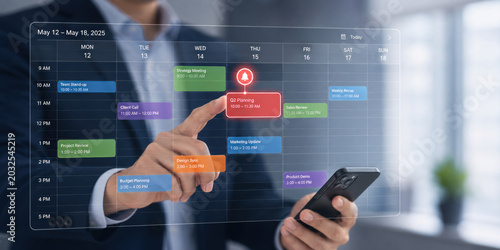 A businessman interacts with a digital calendar on a transparent screen
