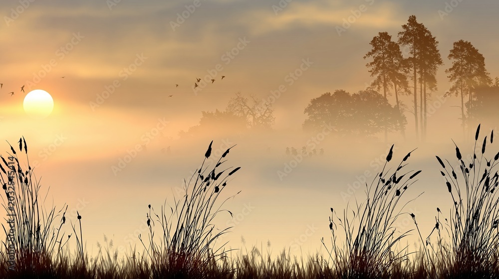 Fototapeta premium Misty Sunrise Over Rural Landscape with Silhouetted Trees and Tall Grasses