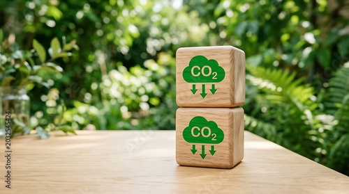 Wooden blocks with co2 reduction icon on nature background, concept of carbon footprint reduction, climate change and sustainable environment