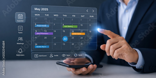 A businessman interacting with a futuristic calendar interface on his smartphone