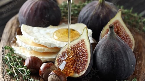 Sweet honey drizzles over fresh figs, cheese, and nuts on a rustic wooden board.