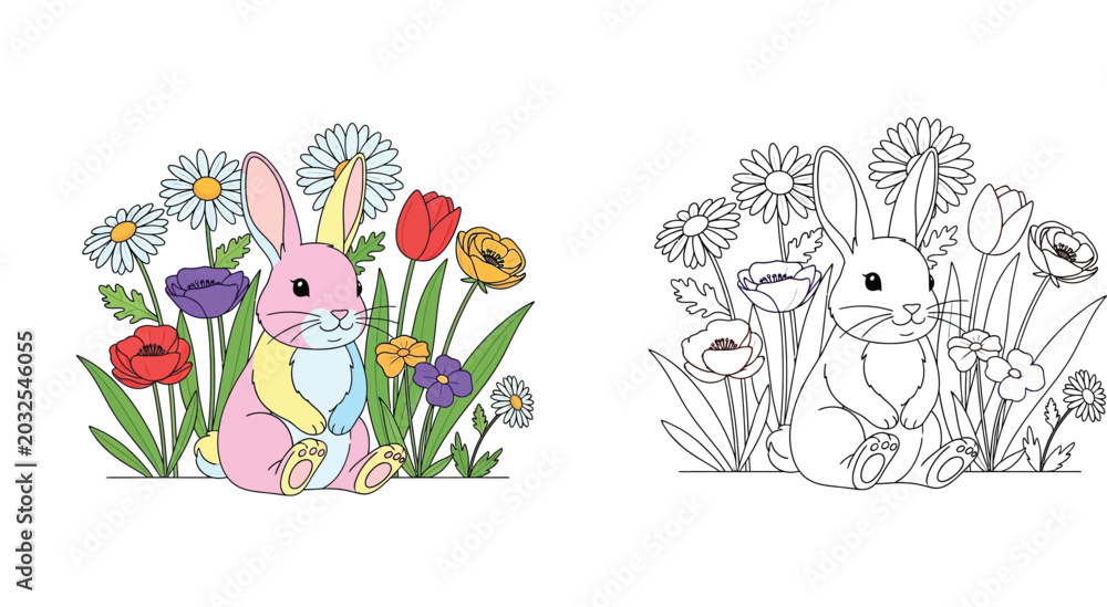 Obraz premium Cute Easter Bunny Rabbit with Spring Flowers Illustration and Coloring Page Set, Hand Drawn Floral Garden Scene with Daisies and Tulips for Kids Activity and Holiday Design, Vector Art