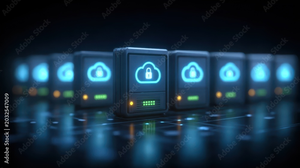 Fototapeta premium Secure server units within the network ensure access to cloud computing storage for the entire commercial infrastructure.