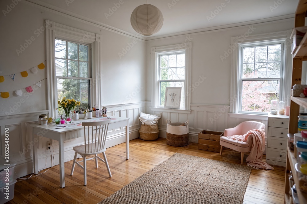 Fototapeta premium Bright and airy craft room with white desk, chair, pink armchair, and natural light flowing through windows