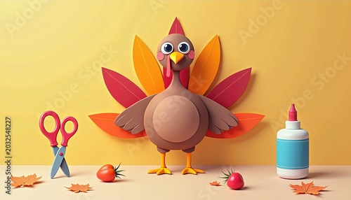Colorful cartoon turkey with craft supplies on yellow background
