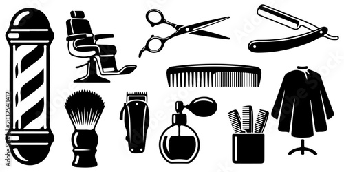 Photos Barbershop tools black silhouette icon set with barber pole, chair, scissors, st