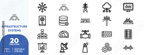 Infrastructure Systems icon set. Containing network, database, monitoring, utility, and more. Editable stroke. Vector illustration.