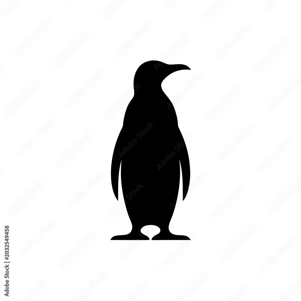 Fototapeta premium Minimalist penguin silhouette on white background, black emperor penguin icon, simple flightless bird profile for logo design and branding