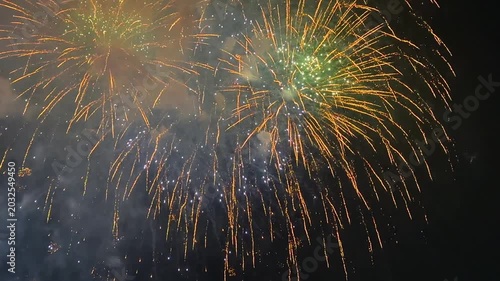 Colorful fireworks illuminate the night sky, creating a stunning visual spectacle. Bright bursts and trails of light are visible against the dark backdrop. July 4, 2026, U.S. Independence Day. Footage