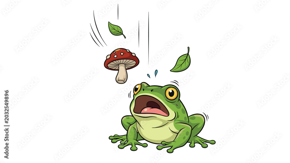 Fototapeta premium Cute green cartoon frog looking up in surprise at a falling red mushroom with white spots and autumn leaves on a white background.