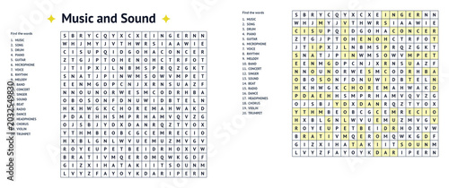 Foto Word seek puzzle sheet featuring music and sound themes