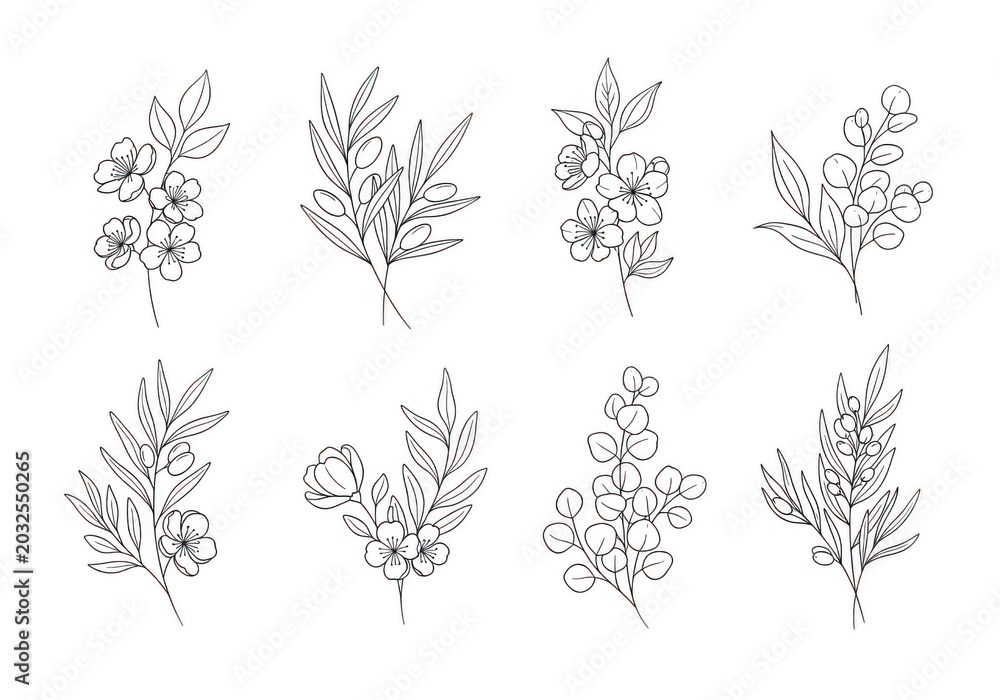Fototapeta premium Set of eight silver glitter botanical featuring hand-drawn floral branches, leaves, and sprigs isolated on a solid black background