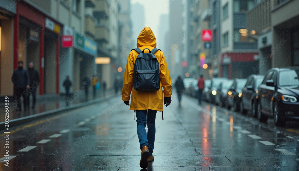 Fototapeta premium Person walking in a yellow raincoat on a rainy street 