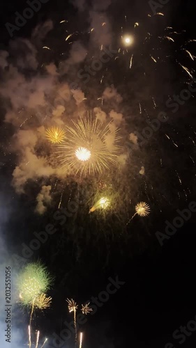 Colorful fireworks illuminate the night sky with various colors, creating a stunning visual spectacle. Bright bursts and trails of light are visible against the dark backdrop. New year celebration