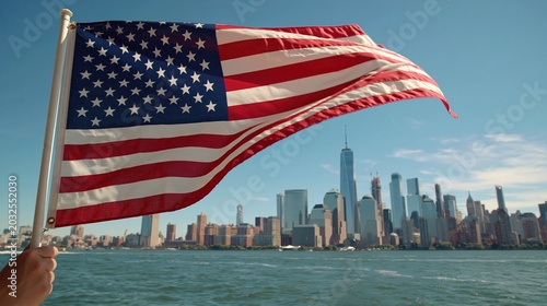 American Flag Waving Proudly Over New York City Skyline From Waterway