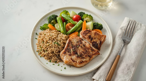 Grilled chicken breast brown rice mixed vegetables healthy dinner plate