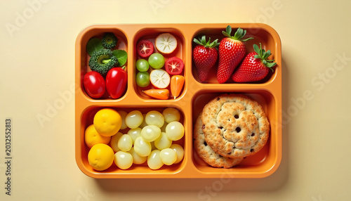 Colorful lunchbox with fruits and cookies on beige background  
