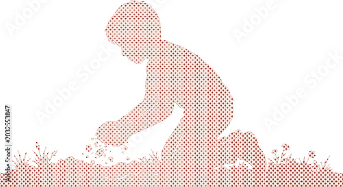 Billede på lærred Child playing in dirt, a young boy kneeling and sifting soil, a pixelated vector