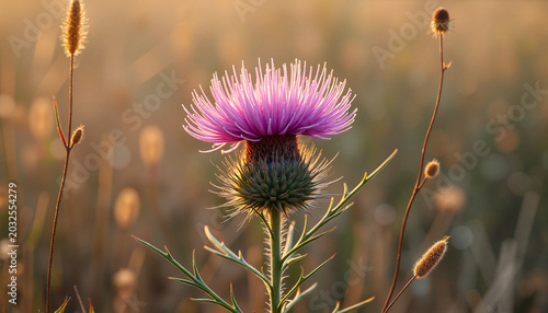 Thistle flower blooming in a golden field
