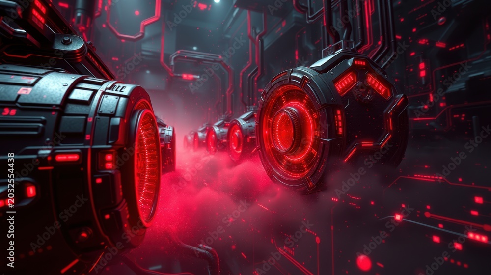 Fototapeta premium Futuristic tunnel. Red glowing lights illuminate robotic vehicles moving forward. Dark metallic surfaces dominate scene. Intense energy flows.