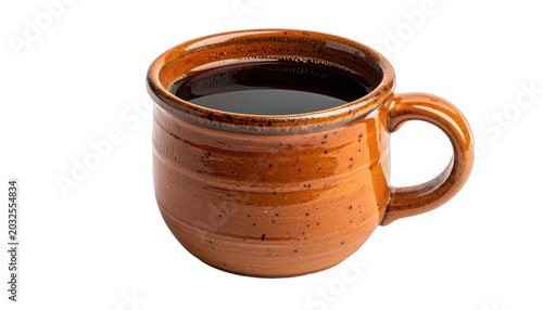A steaming cup of coffee in a rustic ceramic mug sits on a black background.