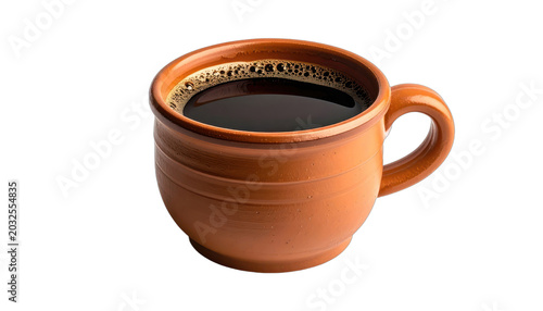 A close-up shot of a rustic clay mug filled with hot black coffee, isolated on a black background.