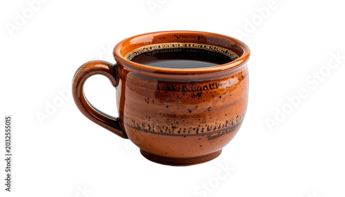 A rustic ceramic mug filled with dark coffee sits against a black background.