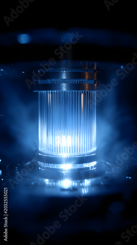 Blue illuminated hydrogen fuel cell core closeup showing cylindrical ribbed membrane and glowing plasma light with soft vapor and reflective metal surface for clean energy technology mood