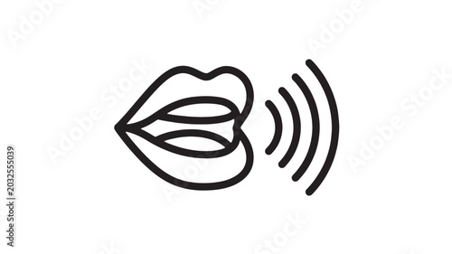 Lips emitting sound waves icon with bold outline, open mouth and voice signal for communication, speech therapy and media graphics