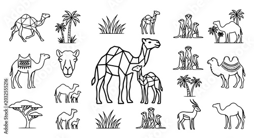 Photos Multiple camel outline illustration collection with minimalist wildlife vector a