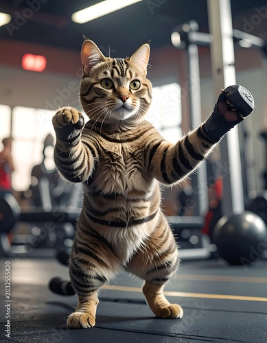 A cat in a gym lifting weights