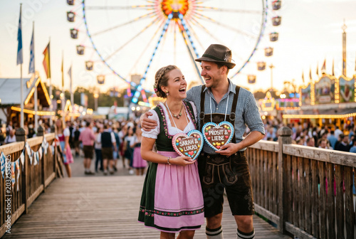 Happy Bavarian couple with gingerbread hearts at Oktoberfest