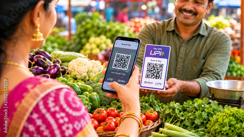 Indian Woman Scanning UPI QR Code at Vegetable Market Stall