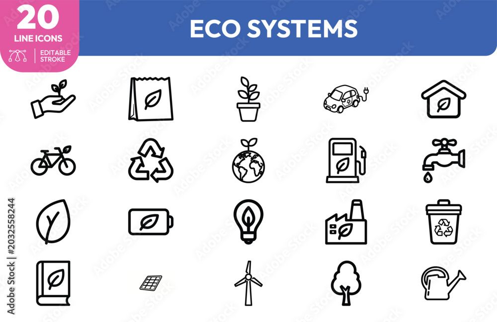 Fototapeta premium Eco Systems icon set. Containing sustainable concepts like recycling, gardening, and renewable energy. Editable stroke. Vector illustration.