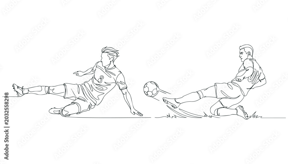 Fototapeta premium Soccer players kicking ball one line drawing.