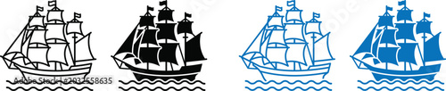 Fotografie A set of four simple sailing ship icons in black and blue outline and silhouette