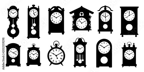 Clocks vintage set with various designs and styles for timekeeping featuring pendulum, wall, grandfather with cuckoo and analog elements for black