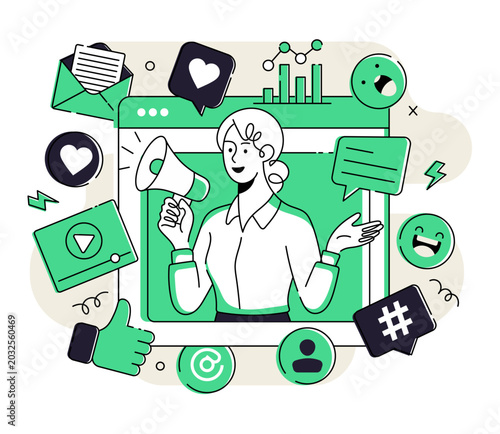 Influencer Marketing Line Art Illustration, Social Media Promotion Campaign, Content Creator, Digital Marketing