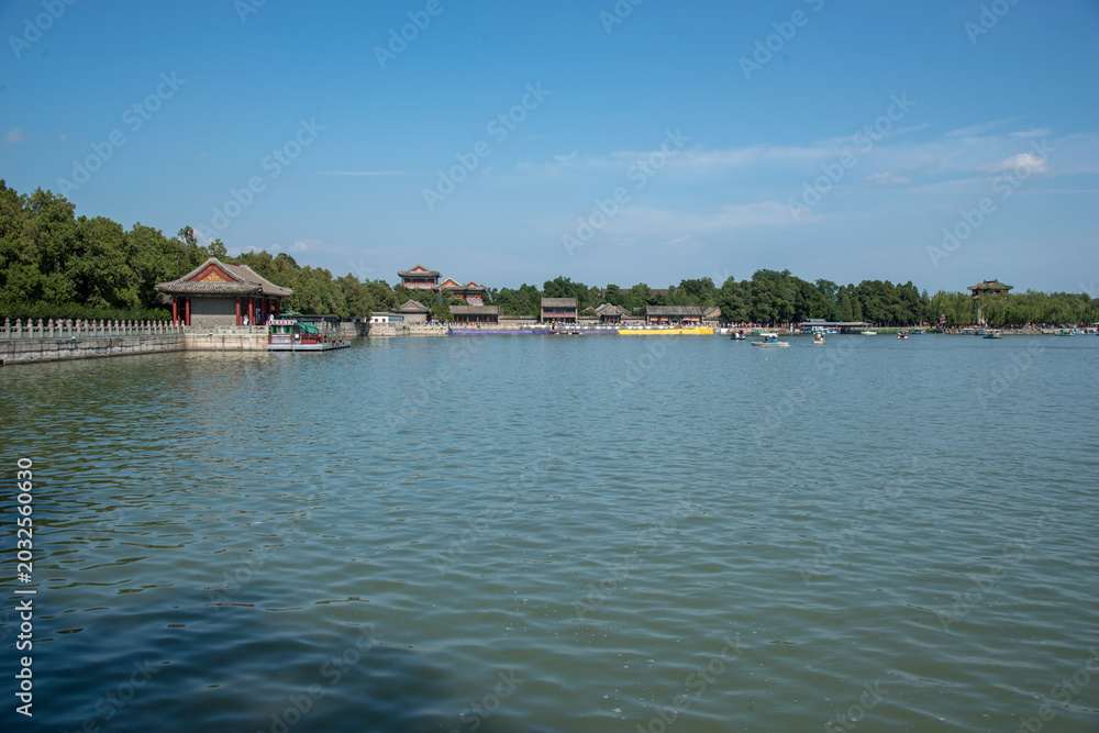 Fototapeta premium Beijing Summer Palace Lake with Classical Architecture and Boats