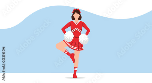 Professional young cheerleader in a red and white uniform holding white pom-poms and posing with one leg up against a blue background.