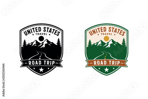 United States Road Trip Badge with Mountain Landscape and Vintage Travel Emblem Vector