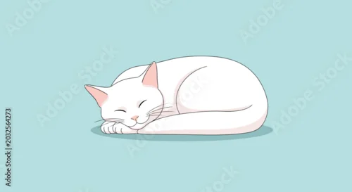 Obraz Adorable white cat with pink ears sleeps soundly while curled into a ball on a calming light blue background.
