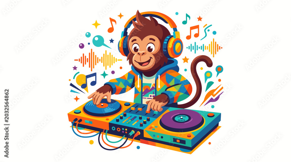 Fototapeta premium Playful monkey dj mixing music with headphones and turntable