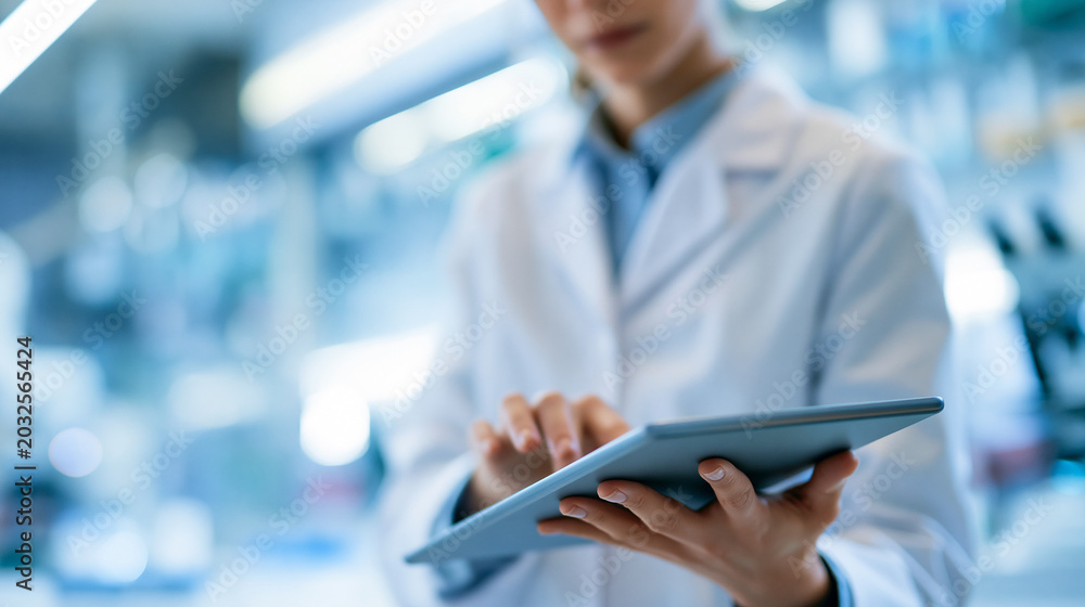 Obraz premium Researcher analyzing viral disease data on a tablet in a laboratory setting during daylight hours, clinical virology and epidemiology research concept, faceless, face not clearly