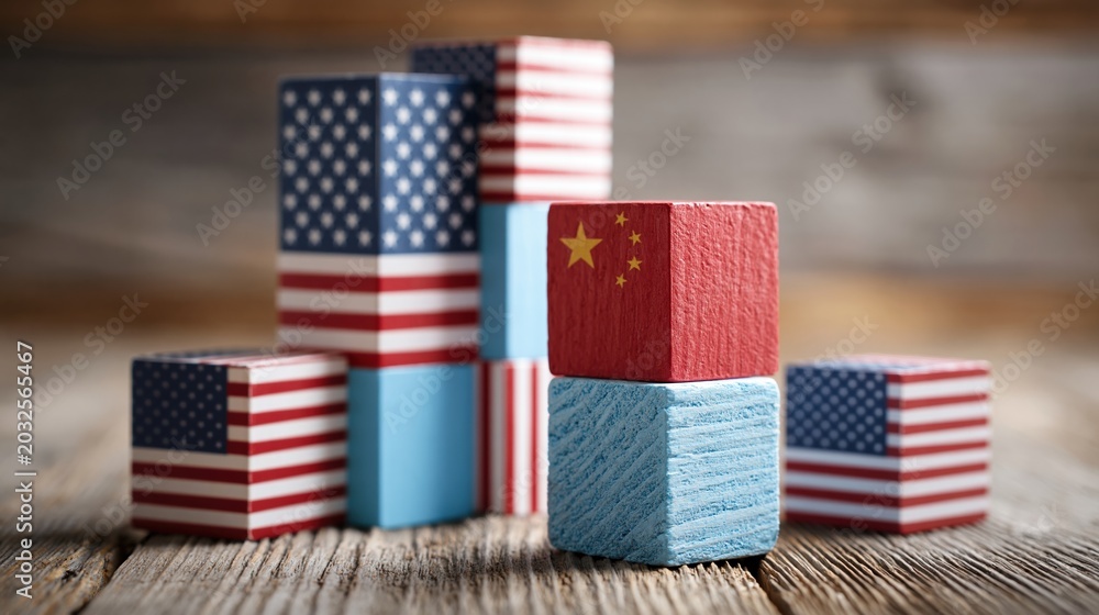 Obraz premium Wooden Blocks with US and China Flags Stacked Symbolizing International Trade Relations and Geopolitics