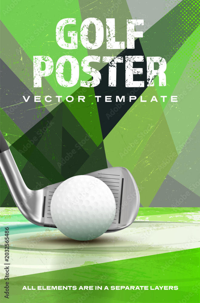 Naklejka premium Golf poster template with ball, metal club and dynamic background