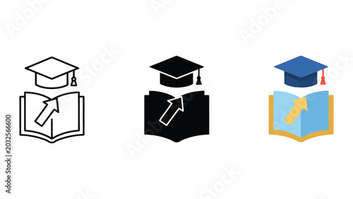 Fotografie Graduation cap and open book icon set featuring arrow upward symbol for educatio