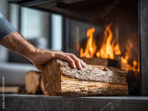 Hand placing wood in cozy fireplace setting